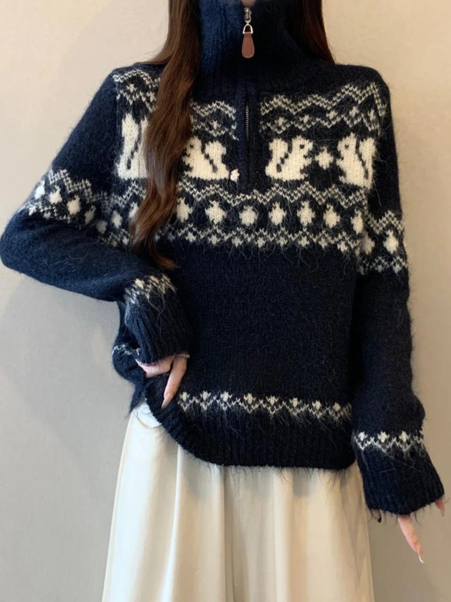 

Soft Cozy High Ne Knitted Sweater Women's Autumn Winter Large Size Fat MM Design Sense Fair Isle k Blue Beautiful Top