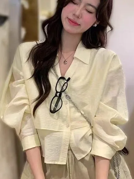 

Elegant Long Sleeve Collar Casual Shirt Women's Spring Autumn New Style Versatile Loose Fit Fake Two-Piece Top