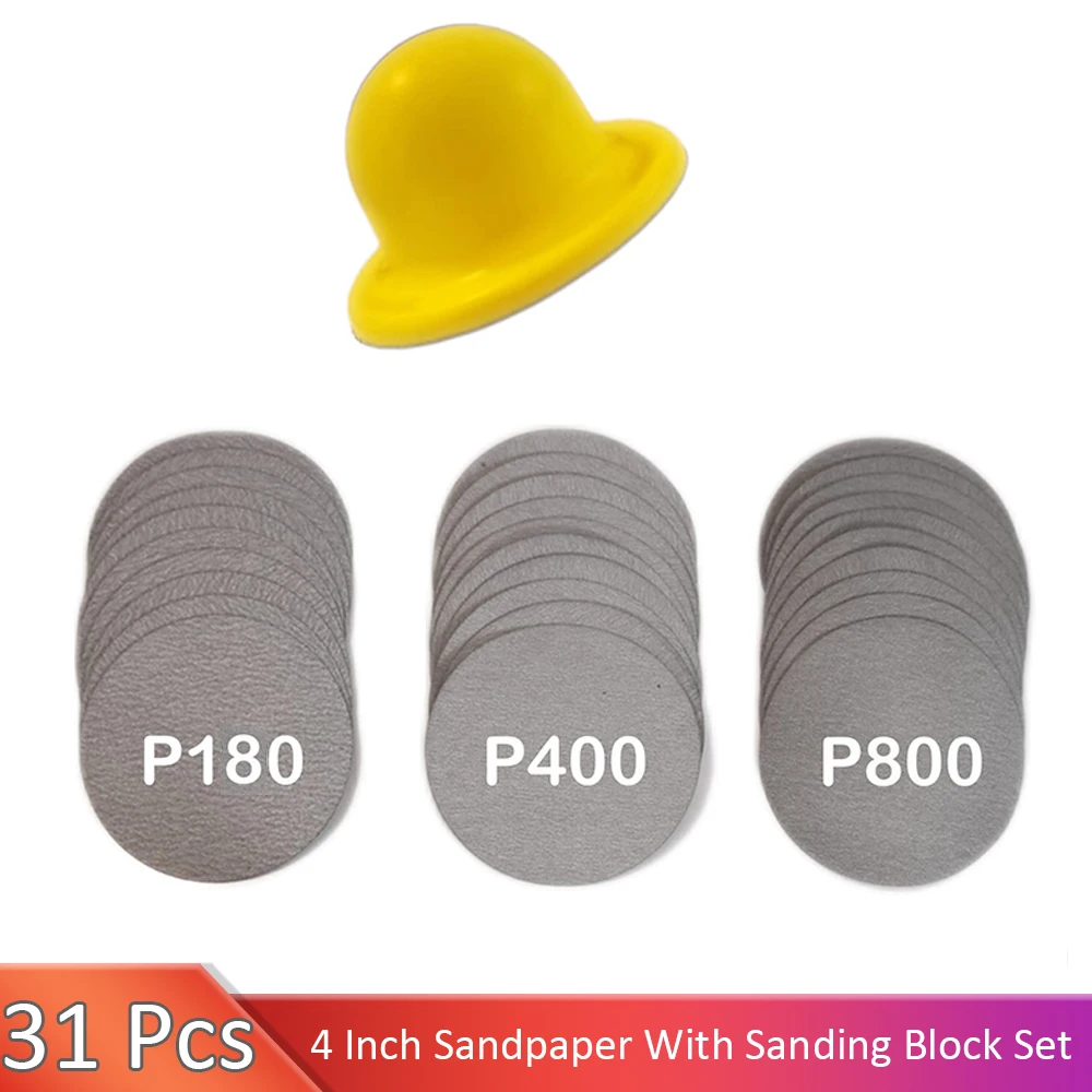 31 Pcs 4 Inch Sandpaper P150-P800 and Hand Sanding Block for Finishing Wood, Metal, Glass, Plastic, and Automotive polishing