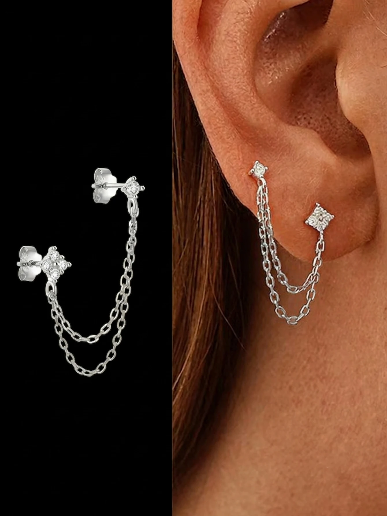 ROXI 1 Stück S925 Silber Verbundene Kette CZ Tragus Stud Doppelketten-Knorpelpiercing Einfacher Eleganter Ohrring für Tägliche Anlässe – Detail 15