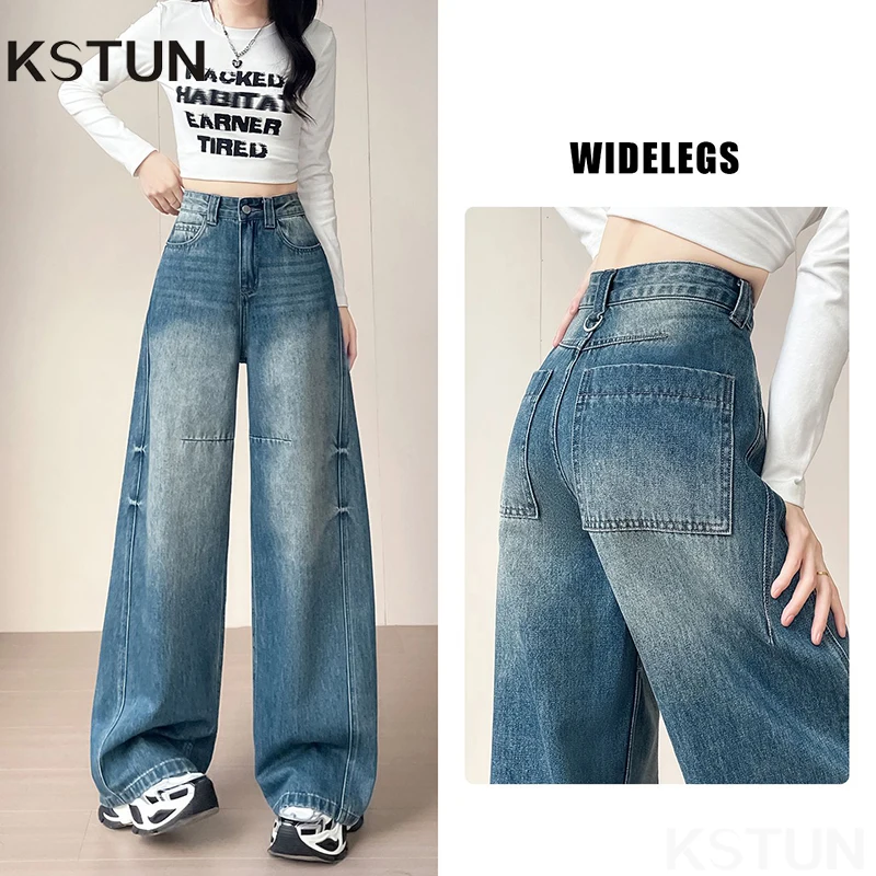 KSTUN Vintage High Street Wide Leg Jeans For Women High Waist Baggy Pants Female Straight-leg Denim Trousers Trendy Patchwork
