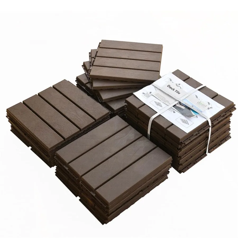 

Patio Interlocking Deck Tiles 12x12 Square Composite Decking Tiles Four Slat Plastic Outdoor Flooring Tile All Weather for Balc