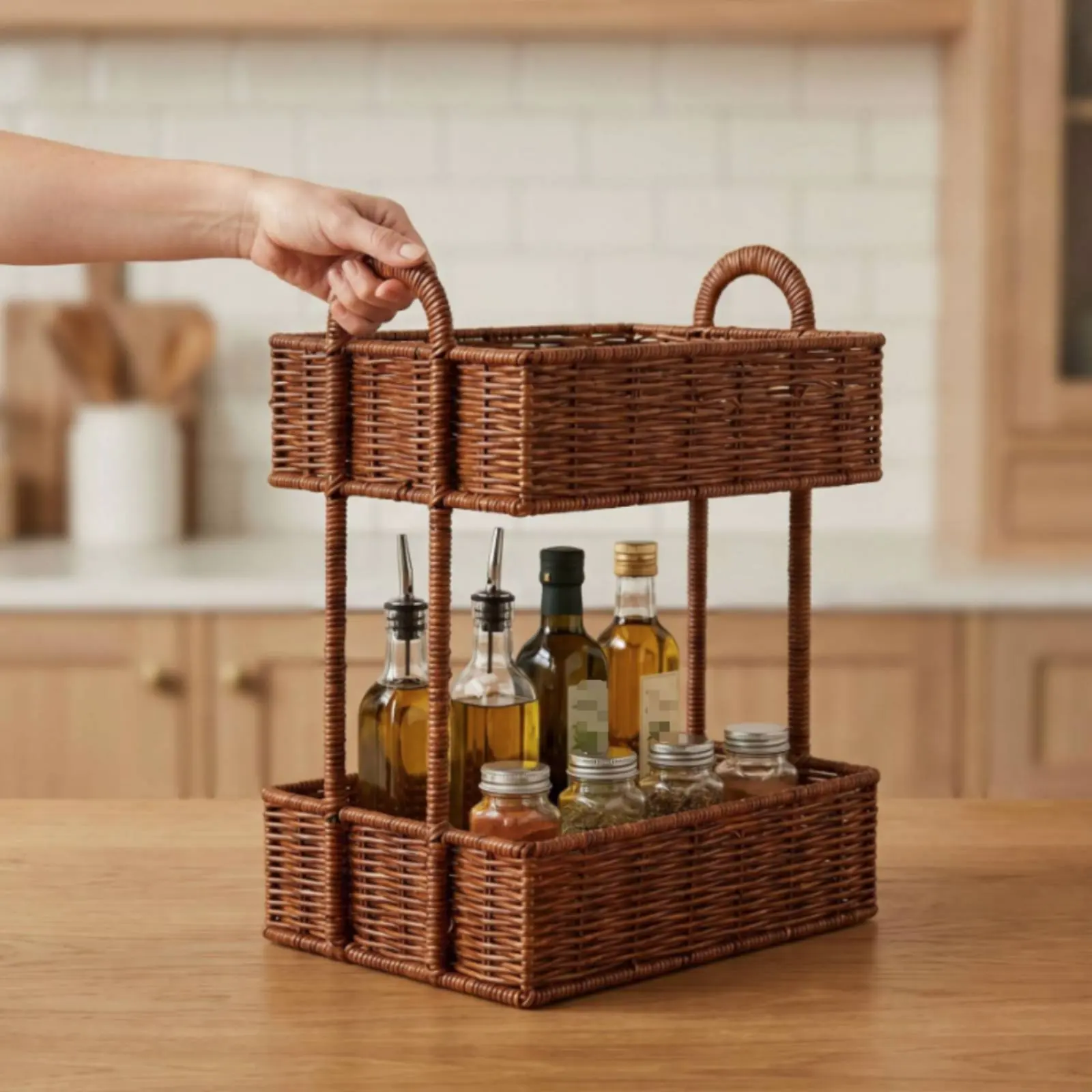 

Rattan Hanging Basket Shelf Waterproof 2 Tier Bathroom Storage Basket Wall Mounted Storage Rack Easy to Clean Boho Decor