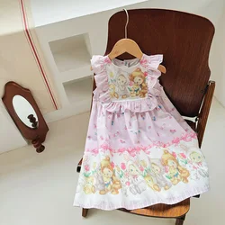 Cute Bear Print Girl 2024 Summer New Lotus Leaf Collar Children Girl's Dress