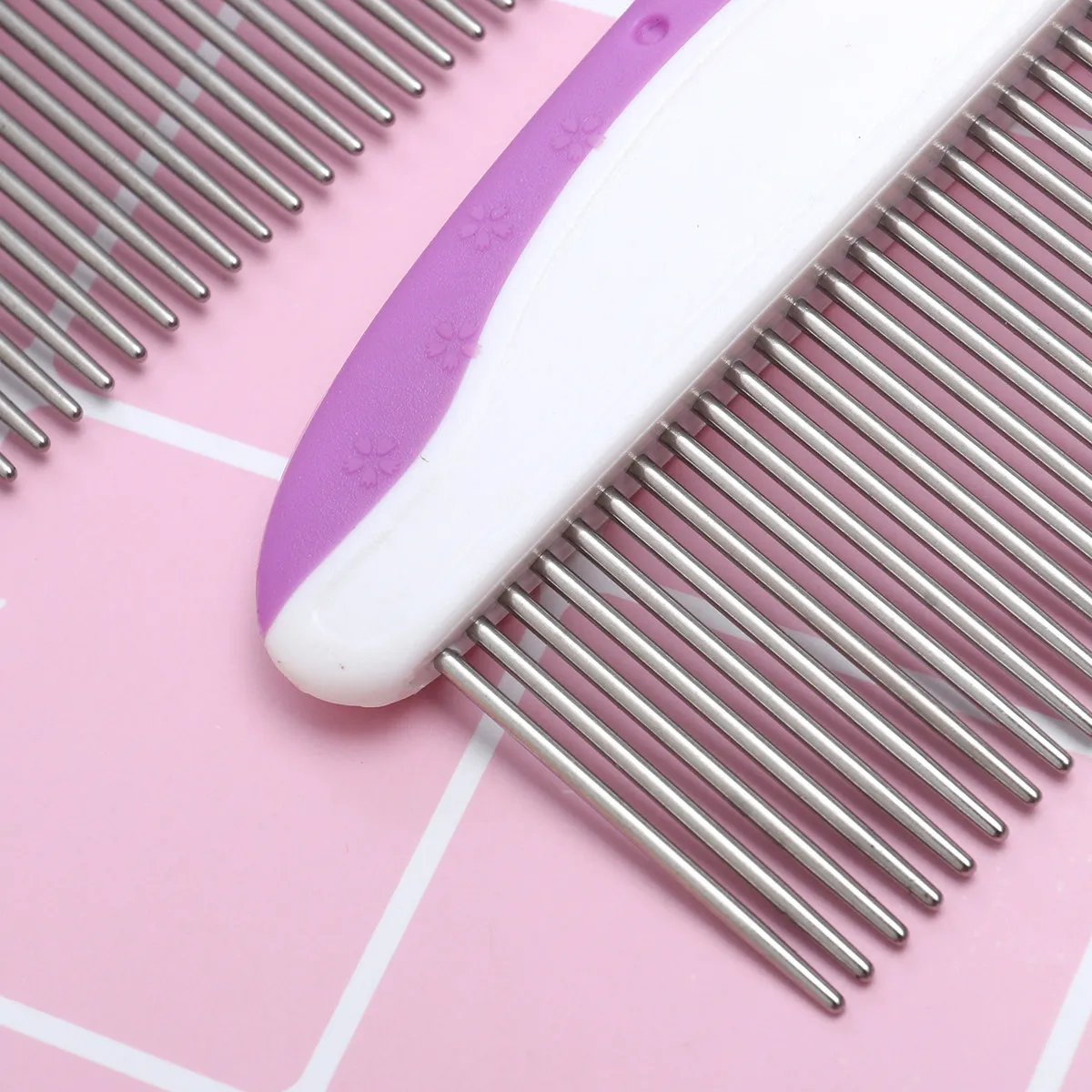 2 PCS Stainless Steel Pet Grooming Combs Set Single Row round Head Flea Comb with Nonslip Grip Size S And L Purple