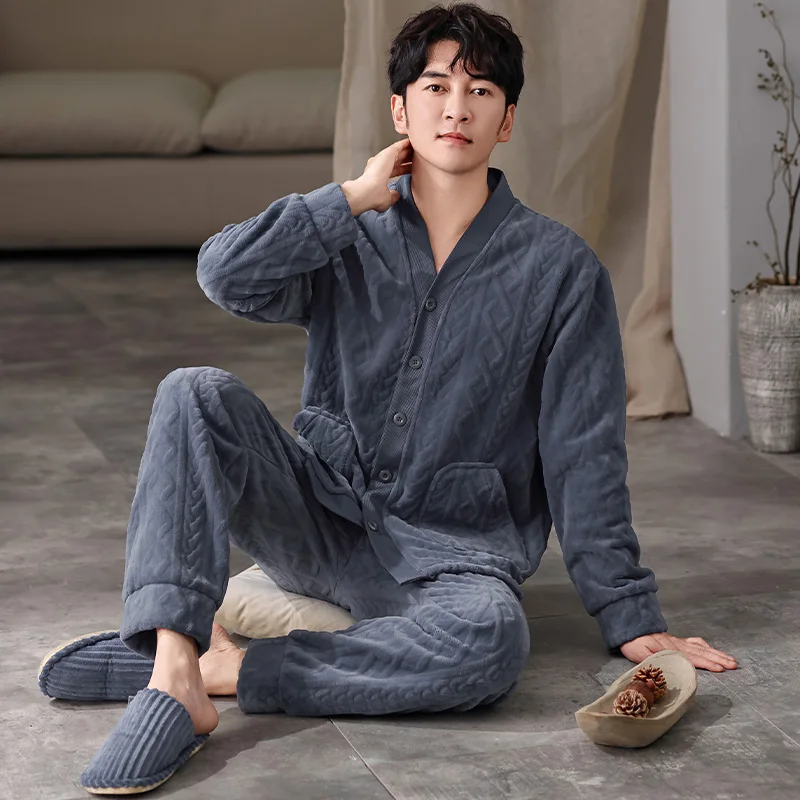 

Толстый фланелевой мужской пижамный комплект, осенне-зимний бархатный утепленный пижамный комплект с длинными рукавами, ночная рубашка на пуговицах, теплая одежда для отдыха