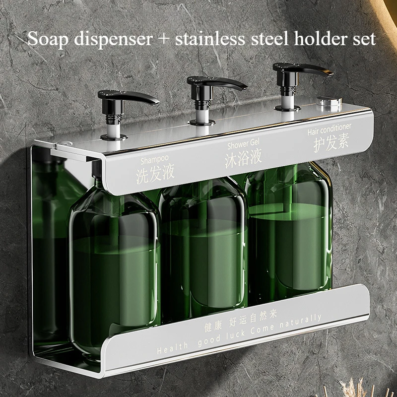 Dispenser di sapone liquido + set di staffe in acciaio inossidabile Shampoo Bottiglia di spinta in ABS per cucina/bagno montata a parete senza perforazione