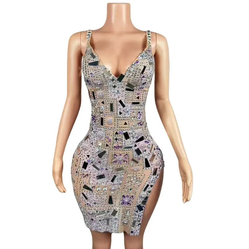 

Sparkly Crystal Sequins Short Bandage Dress Sexy Stage Sheer Mesh Women Birthday Evening Party Cocktail Bodycon Dresses Costume
