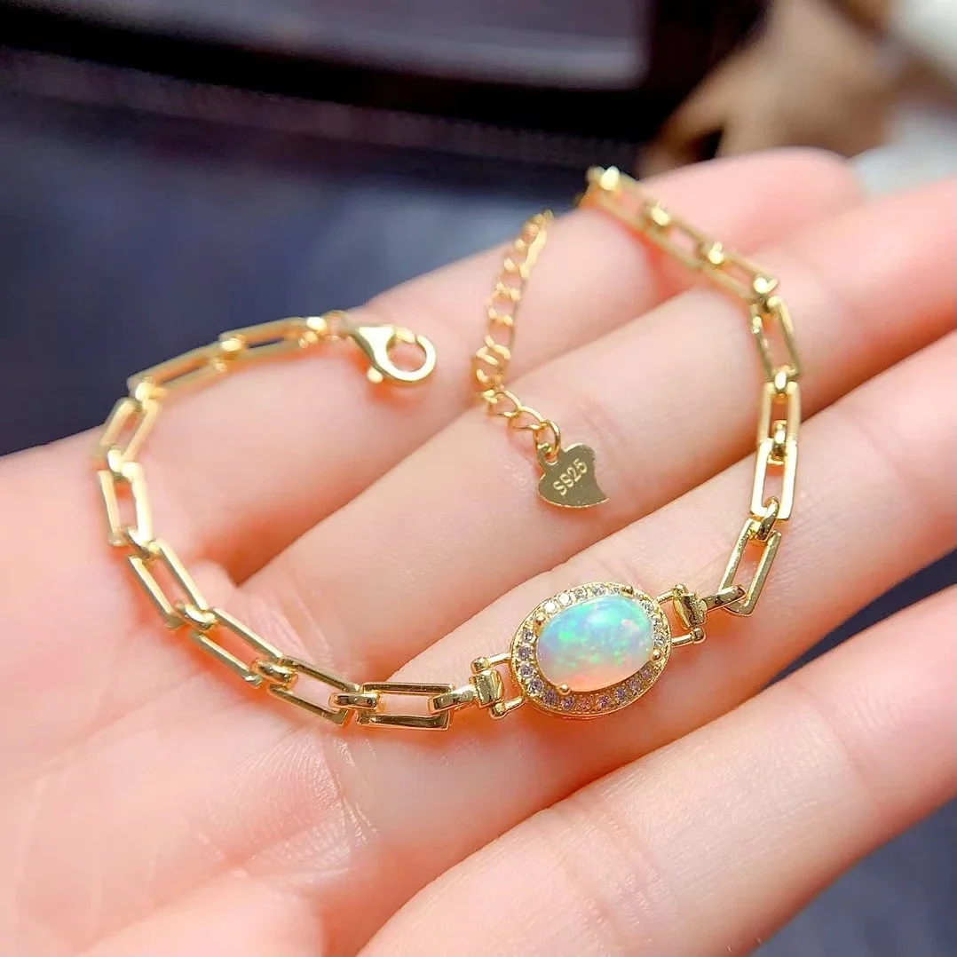 Pure 925 Silver Chain Bracelet 6mm*8mm Natural Australian Opal Bracelet 18K Gold Plated Opal Jewelry for Daily Wear