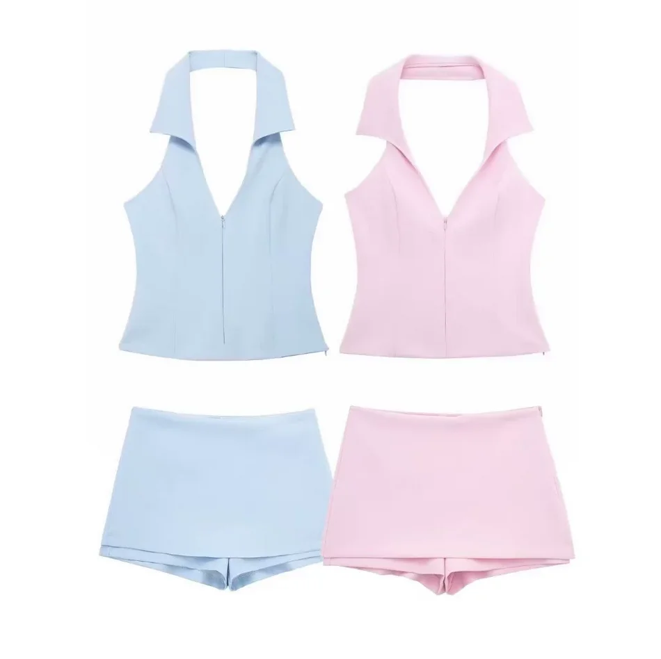 Women Summer 2 Piece Set High Waist Back Pocket Mini Skirts Shorts Sexy V-Neck Sleeveless Backless Suspender Zipper Top
