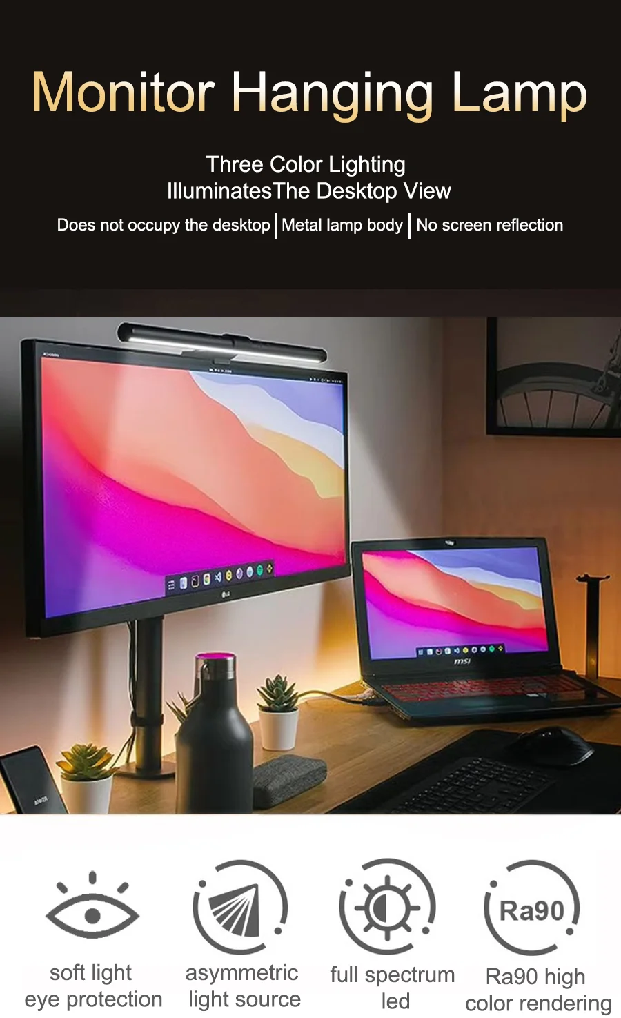 LED Monitor Hanging Desk Light – Eye-Caring with Stepless Dimming | Perfect for Work & Gaming Setup