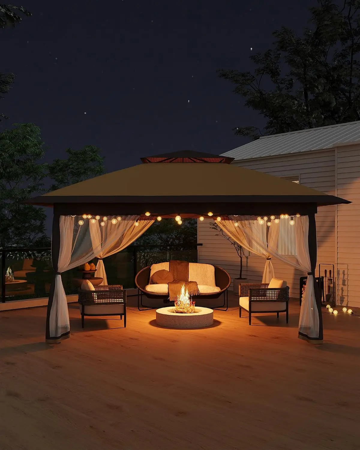 Pop Up Canopy Tent Instant Shelter With Mosquito Netting Height Adjustable One Push Frame 4 Sandbags Backyard Party BBQ Lawn Deck Outing Outdoor Gazebo Khaki Coffee