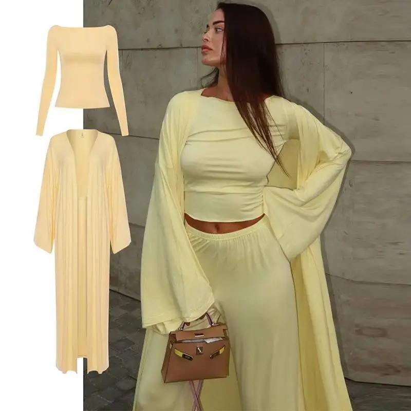

Women's Long Cardigan High Waisted Top Summer Faion Set Tee Pieces Long Pants Pure Color Splice Sve Long Winter Outfit