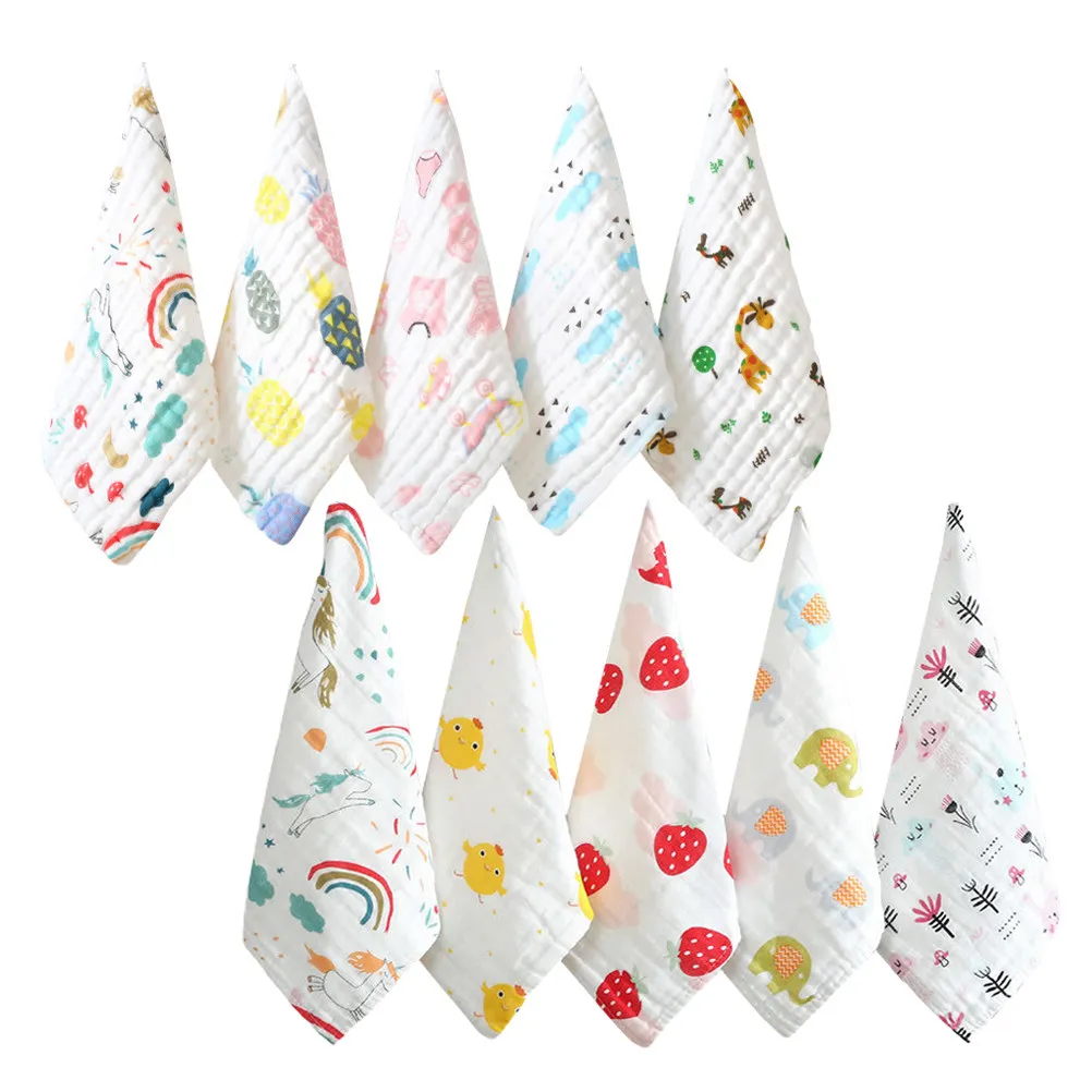 

10pcs Baby Face Towel Pure Cotton Thick Soft Absorbent Washcloth For Newborn Infants Cartoon Drool Bibs Water Washed Towels