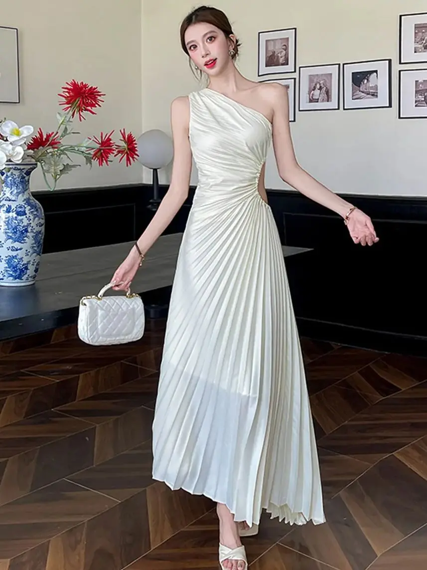 form fitting formal dress Elegant White A-Line Empire-Waist Satin Pleated Formal Prom Dress with –  Modsele main image 1
