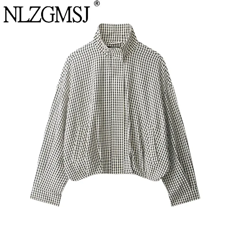 

Nlzgmsj 2026 Women Spring Retro Check Jacket Stand Collar Loose Fit Streetwear Plaid Outerwear Y2K