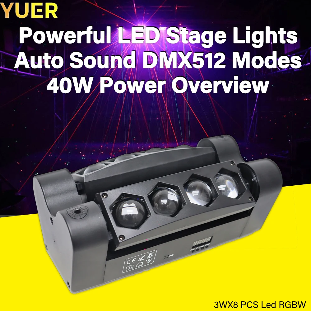 YUER NEW High-Power LED Stage Lights: Auto/Sound/DMX512 Modes, 40W RGBW, 8pcs - Perfect for Stage Lighting,DJ ,Bar，Disco，Party.