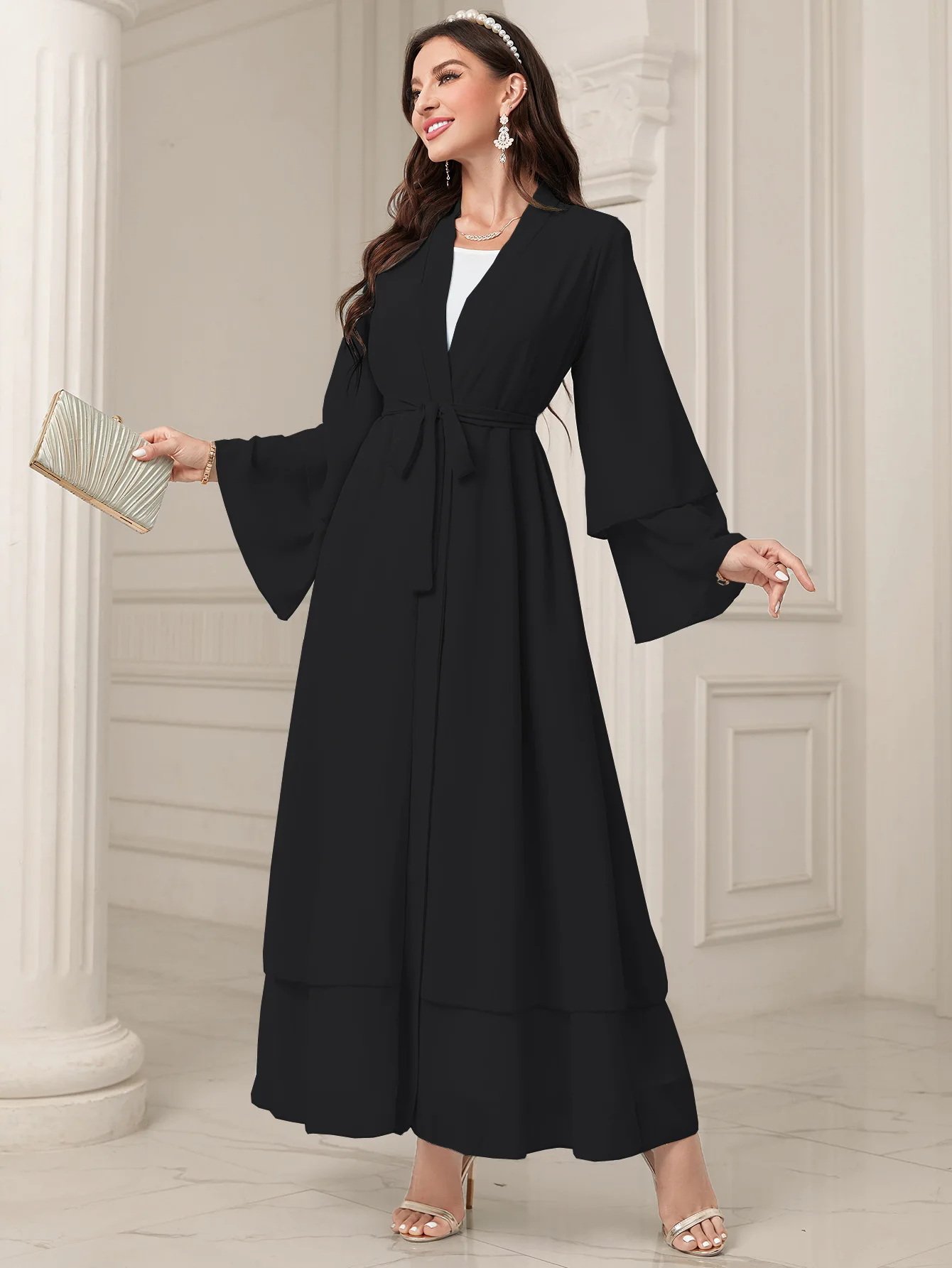 Faionable cor pura maxi dr tiras chiffon plus size longo robe ele v-ne saia linha a sle primavera commute wear