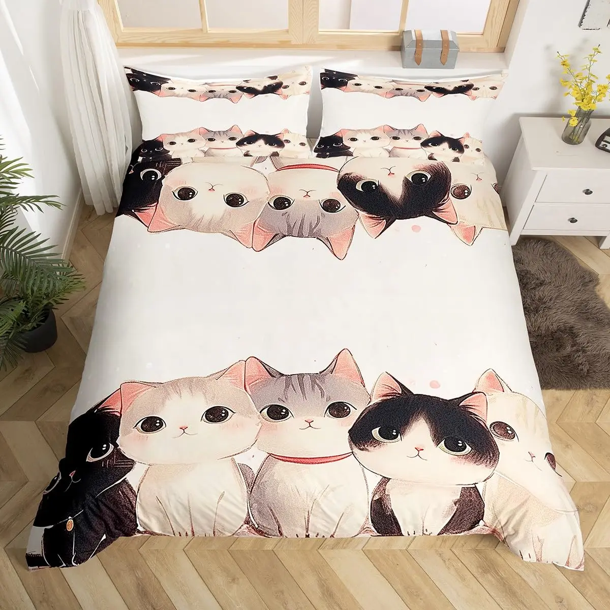 Cartoon Cat Duvet Cover King Queen Galaxy Kitten Bedding Set Kawaii Animal Comforter Cover Starry Sky Quilt Cover 3Pcs Zipper