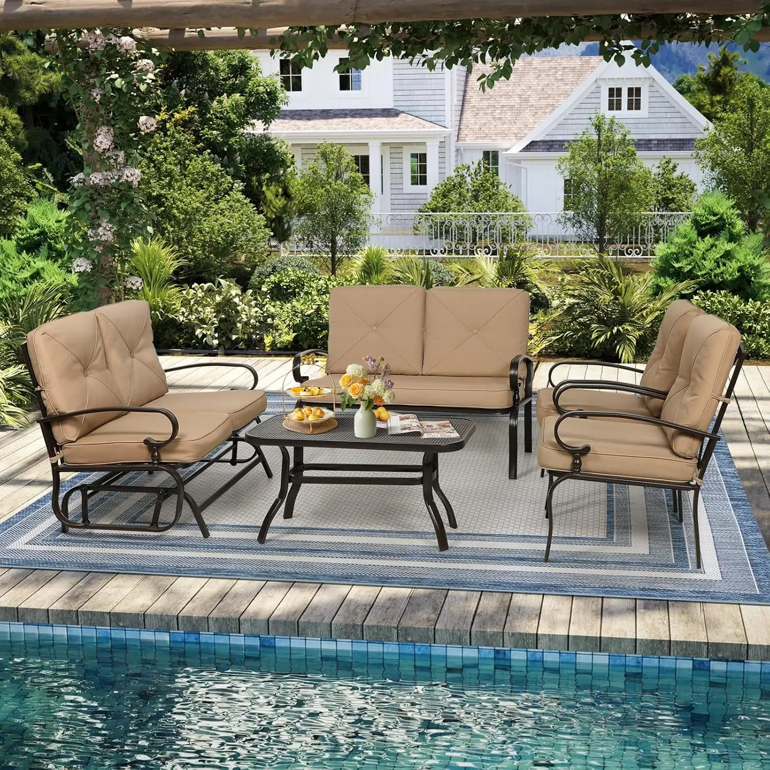 

5-Piece Outdoor Metal Patio Conversation Set Wrought Iron Glider 2 Chairs Loveseat Coffee Table Brown, Customized