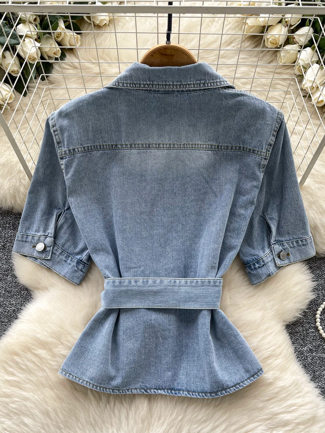 

Faionable Hong Kong Sle ort Sve Denim irt Women's Summer Casual Versatile Belted Waist Cinching Collared irt