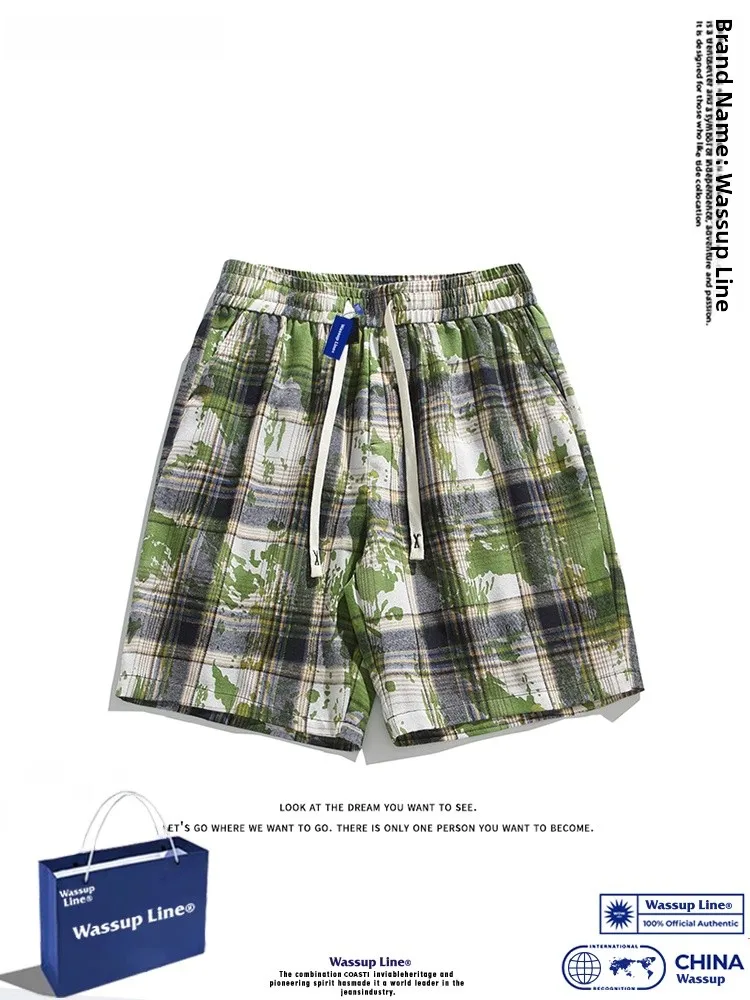 

Летняя клетчатая линия Wassup Line, свободная посадка, легкая дышащая повседневная окрашенная одежда для пяти четвертей, модная одежда для мальчиков-подростков