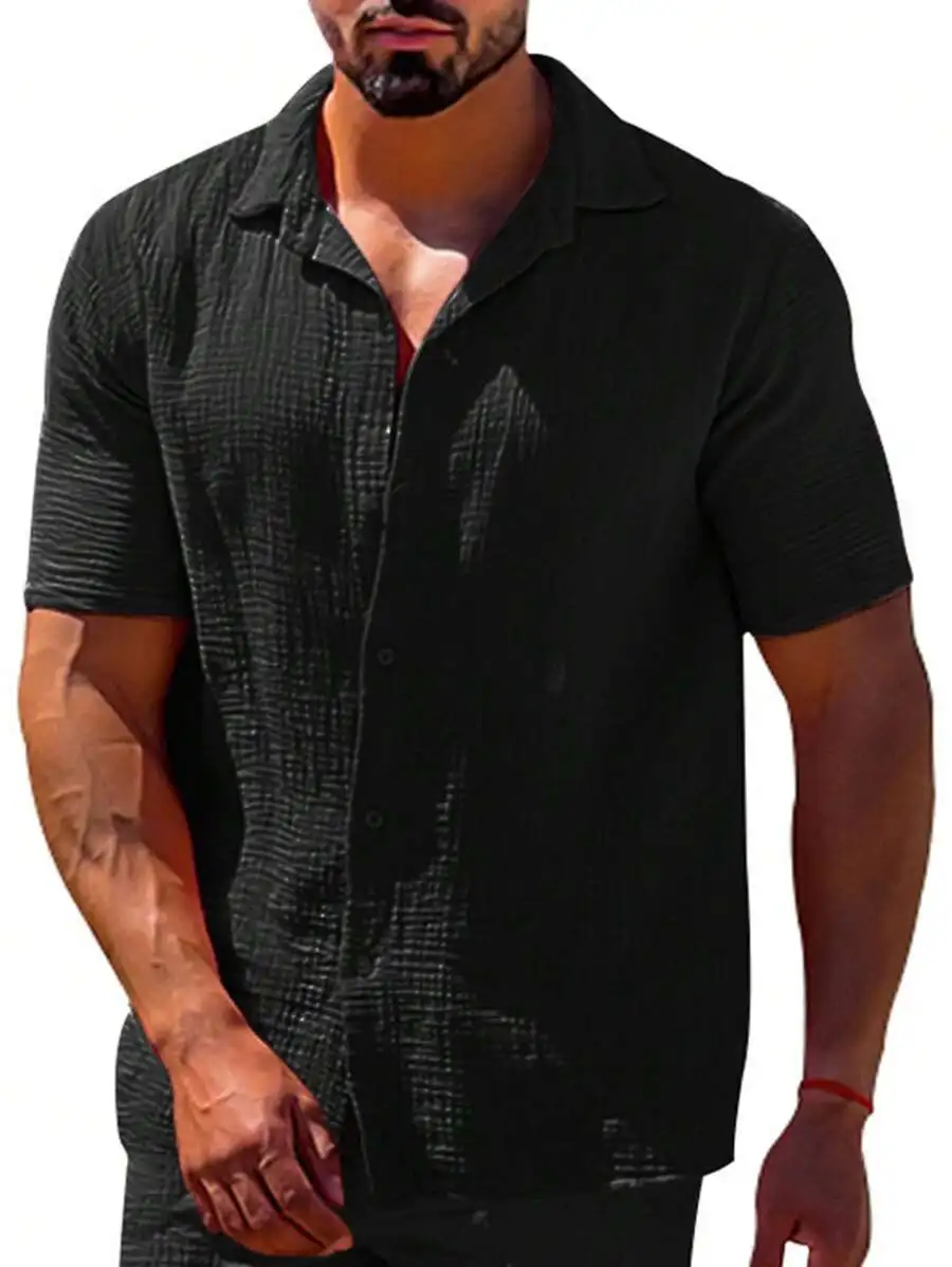 

Men's Black Textured Short Sleeve Button-Up Shirt for Casual Summer Wear