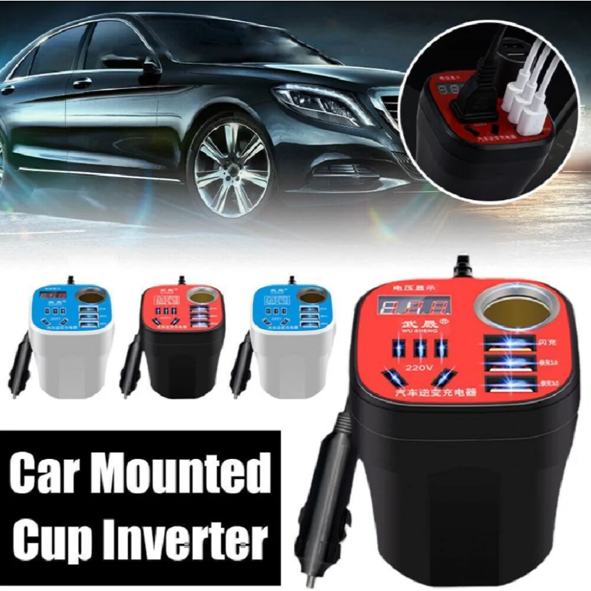 

Universal Car Mounted Cup Type Adapter Inverter Converter QC3.0 Charger 12V/24V to 220V Socket Power Supply for car truck RV