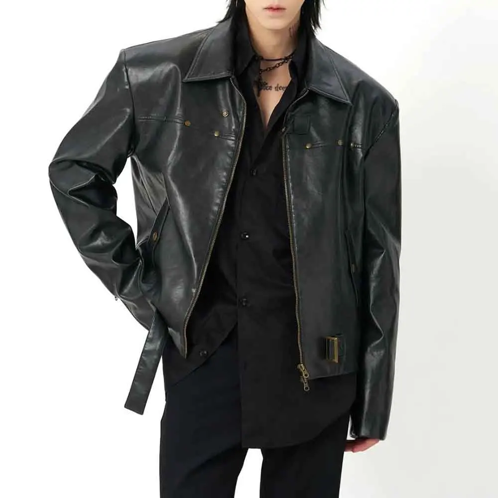 

Mens Spring Pu Leather Jacket Padded Shoulders Belt Motorcycle Jacket Streetwear Fashion Youth Trendy Biker Top Men'S Clothing