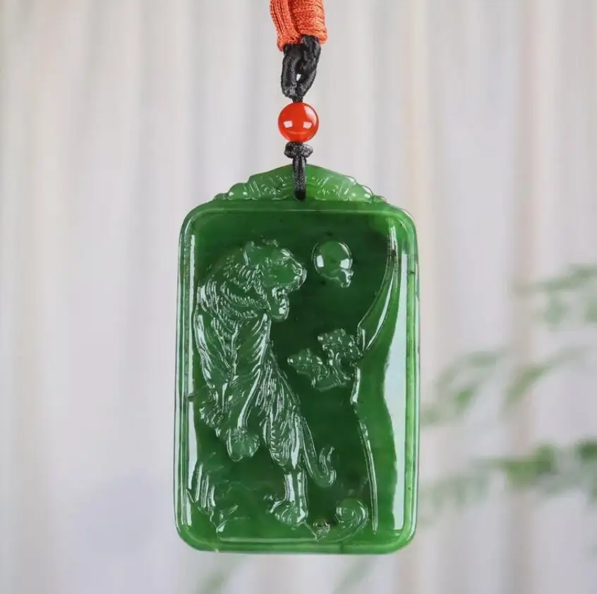 Chinese Natural Green HeTian Jade jadeite Hand-Carved pendant Animal sign Tiger