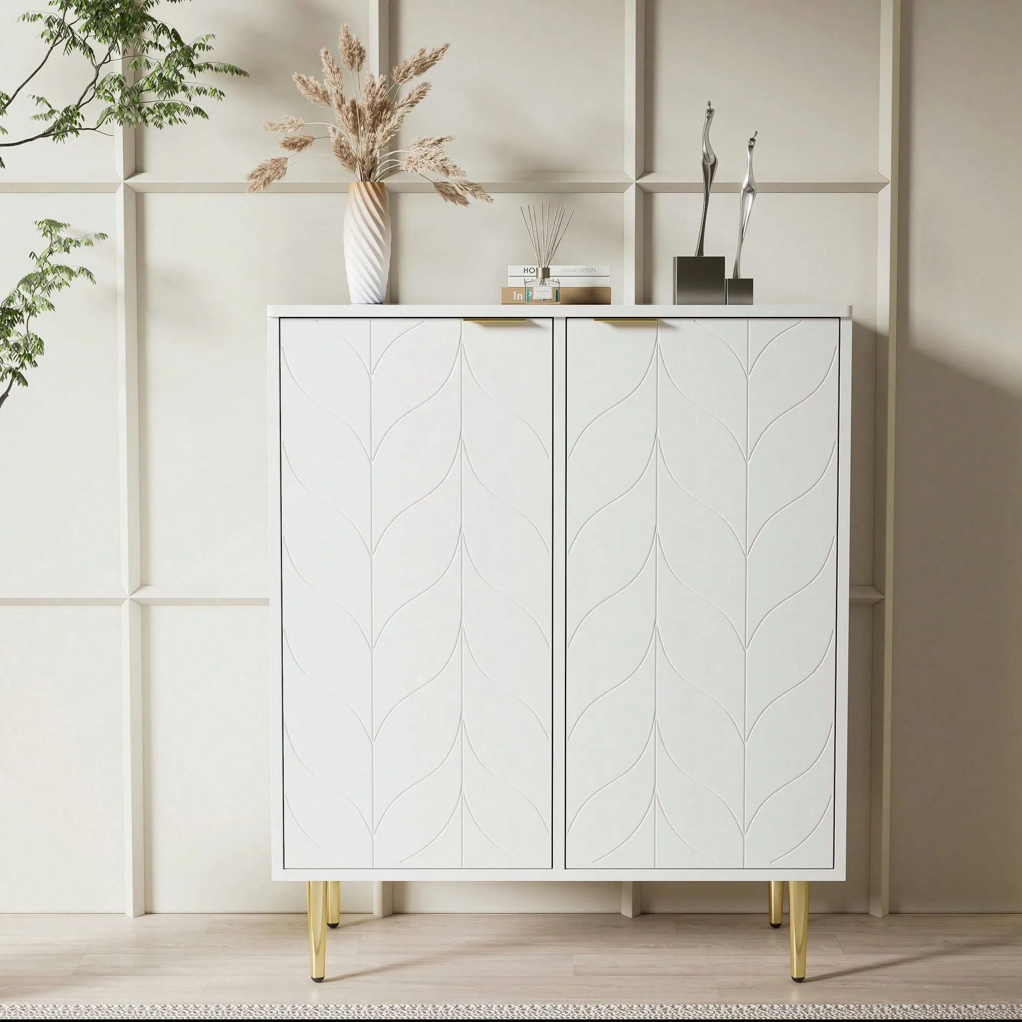 KOMHTOM Buffet blanc moderne avec deux portes et 3 étagères – Armoire polyvalente pour salon, chambre à coucher, salle à manger