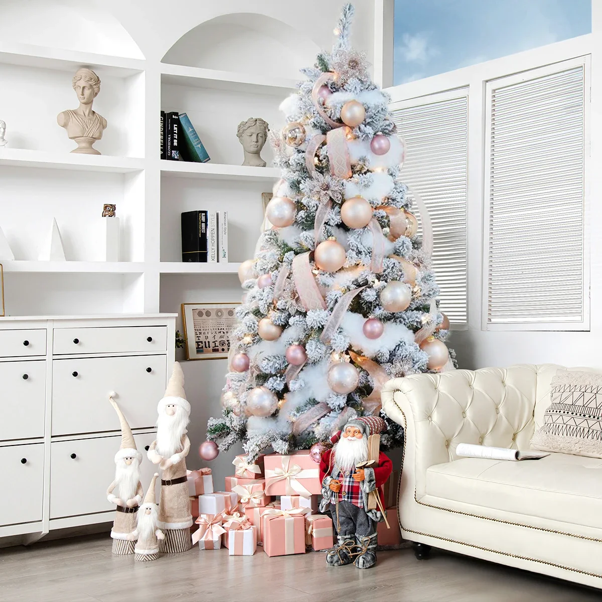 White&Pink Christmas Tree, Artificial Christmas Tree with Lights Star Treetop,Ball Ornaments for DIY Christmas Decoration Gifts