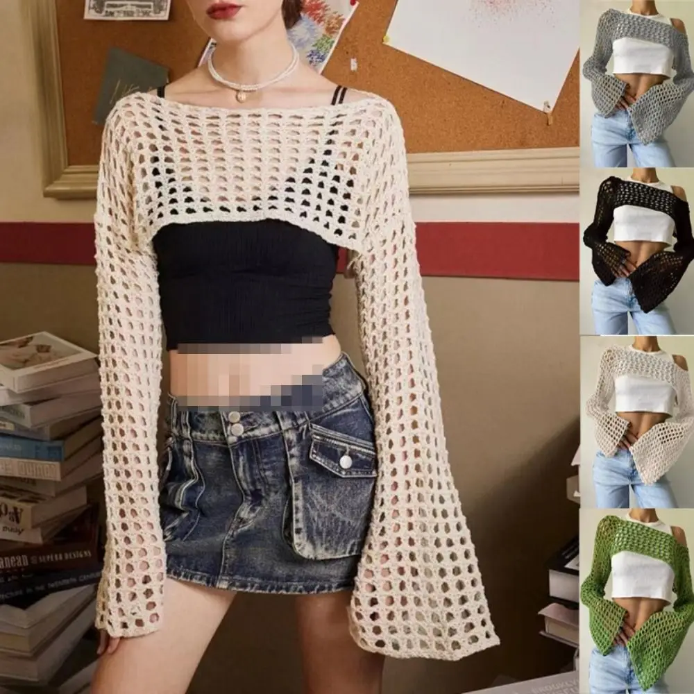 Women Y2k Crochet Knit Hollow Out Crop Top Long Flared Sleeve Shrug Sweater Mesh Cover Ups Cardigan Streetwear Pullover Women