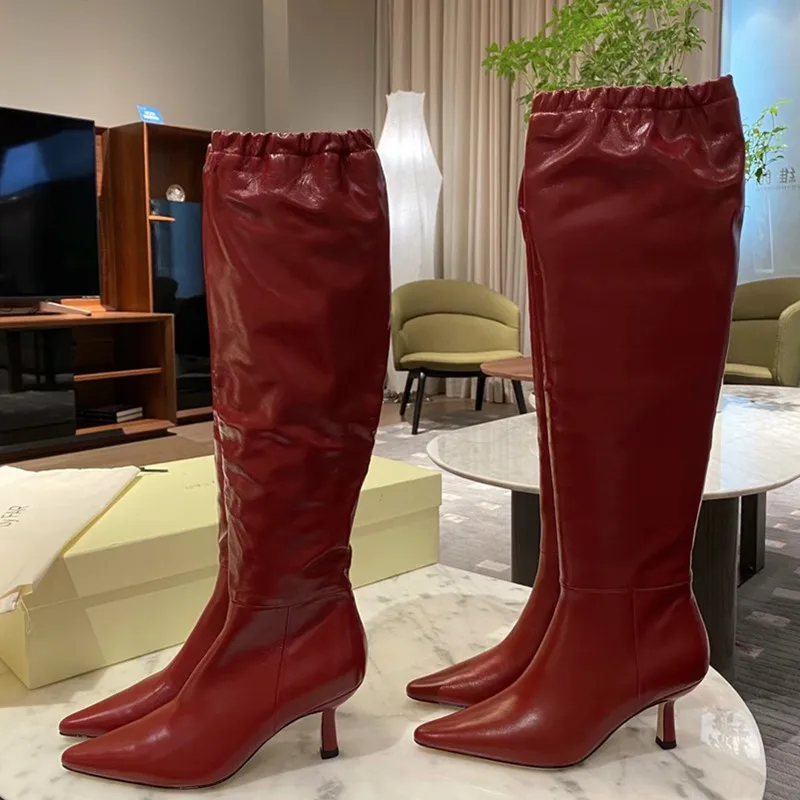 

Pointed Soft Leather Knee-High Boots Stiletto Solid Color Elastic Collar Long Botines Custom Side Zipper Large Size Women Botas