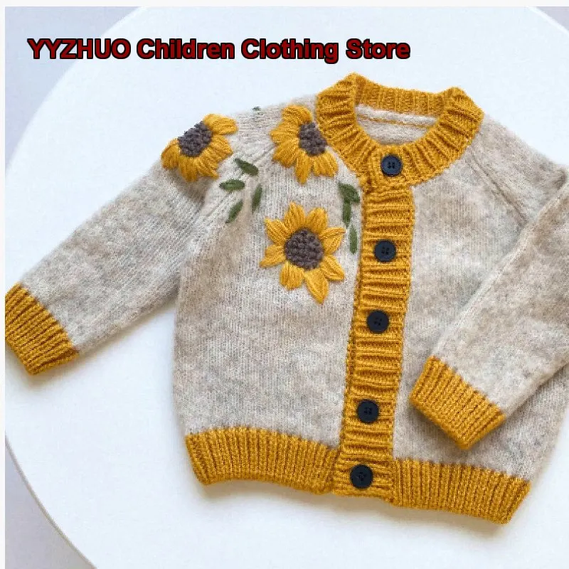 girls-crochet-cardigan-infants-autumn-winter-handmade-sunflower-embroidery-stylish-outerwear-kids