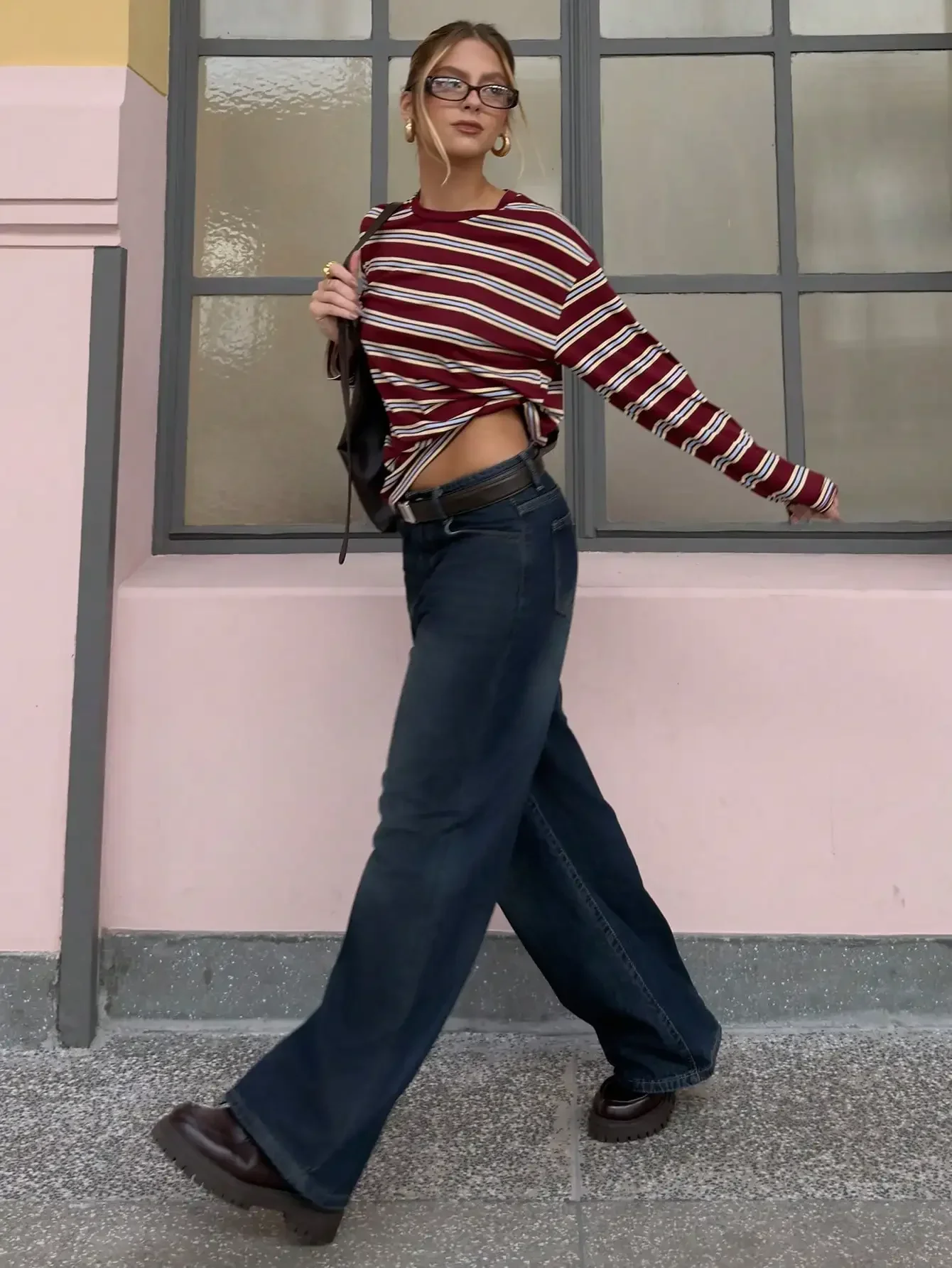2026 Women Striped Long Sleeve T-Shirt, Fall Winter Loose Crew Neck Top, Soft Faux Cotton Oversized Casual Daily Blouse view 4