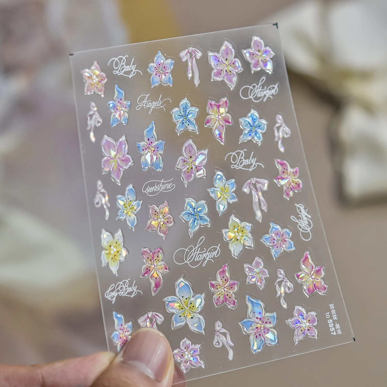 Holographic Floral Nail Decals 5D Ombre Five-petal Flower Black Polka Dot Shiny Rhinestone Script Font Elegant Nail Art Sticker