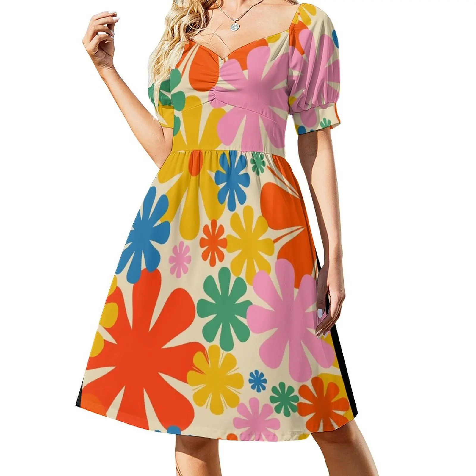 

Retro 60s 70s Aesthetic Colorful Floral Pattern Short Sleeved Dress cute dress sensual sexy dress for women elegant