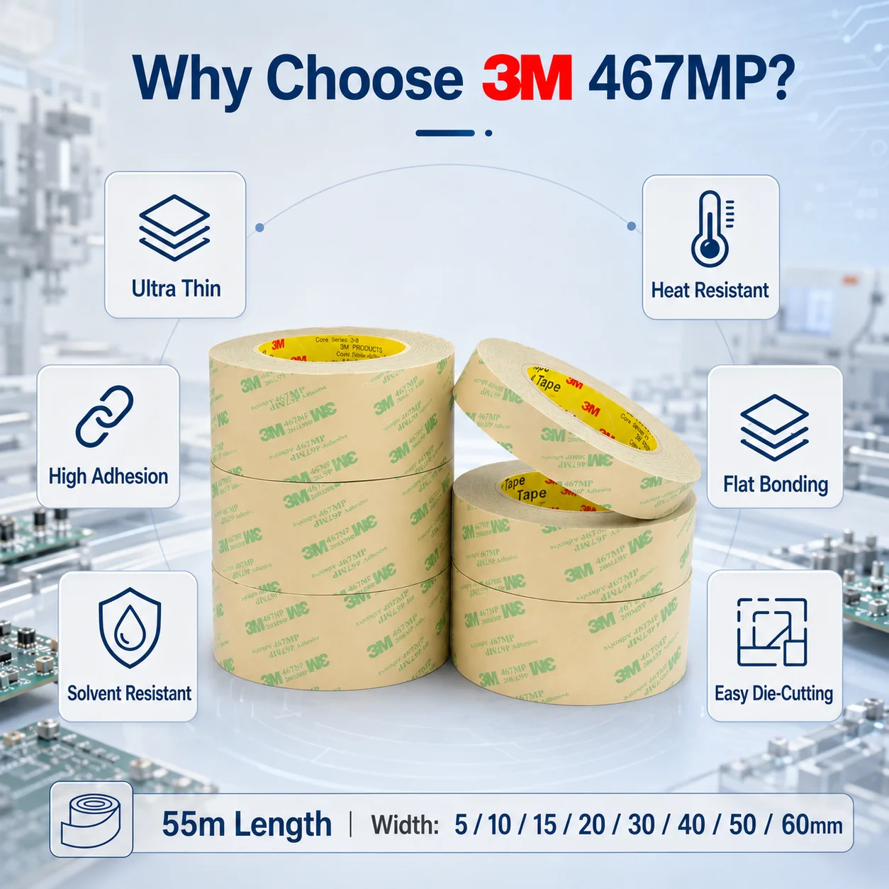 3M 467MP Transfer Tape Double Sided Acrylic Adhesive Ultra Thin High Adhesion For Electronics PCB Nameplate Metal Plastic 55m