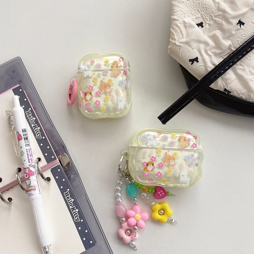 INS Fresh Floral Cute Puppy Wavy Edge With Pendant Protective Earphone Cover Case for AirPods 1 or 2 3 4 5 Pro 2 Pro 3