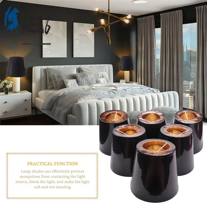 

AEE8-Black Lamp Shades With Gold Lining Clip On Light Shades Candle Chandelier Lampshades, Set Of 6