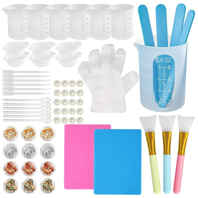 

Silicone Resin Measuring Cups Tool Kit- With Measure Cups, Resin Mat, Popsicle Sticks, Brushes, Pipettes, Gloves