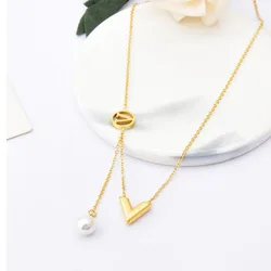 Trend Stainless Steel V Letter Tassel Pearl Necklace for Women Gold Plating New Brand Neck Chain Party Jewelry Gift