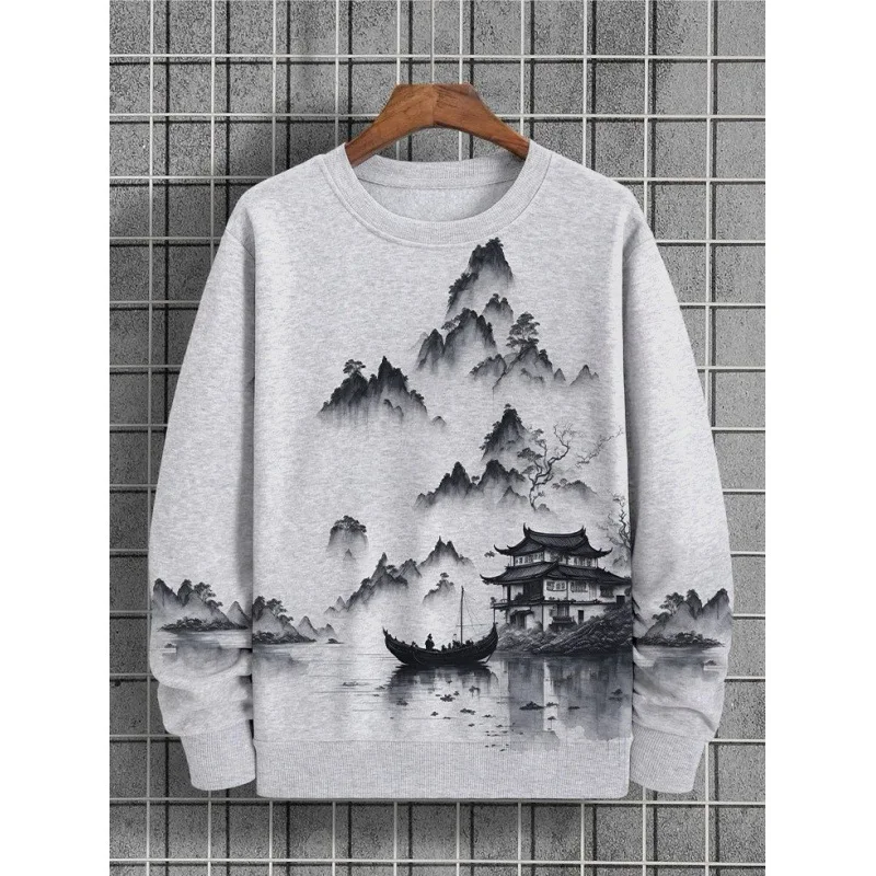 3d Ink Painting Graphic Long Sleeve Printed T-Shirts Chinese Style Oversized Sweatshirt For Men Pullover Autumn Streetwear Tops