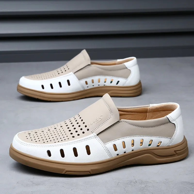 Cowhide leather shoes perforated casual wear-resistant breathable anti slip Genuine leather soft men's sandals Male sneakers