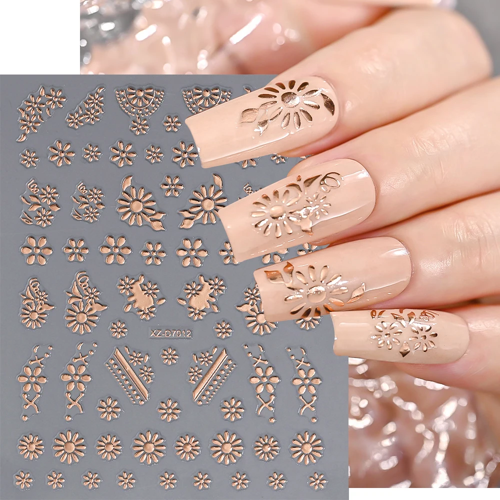 1Pcs 3D Rose Gold Bohemia Totem Flower Nail Art Stickers Retro Floral Embossed Sliders Exquisite Self-adhesive Manicure Decals &