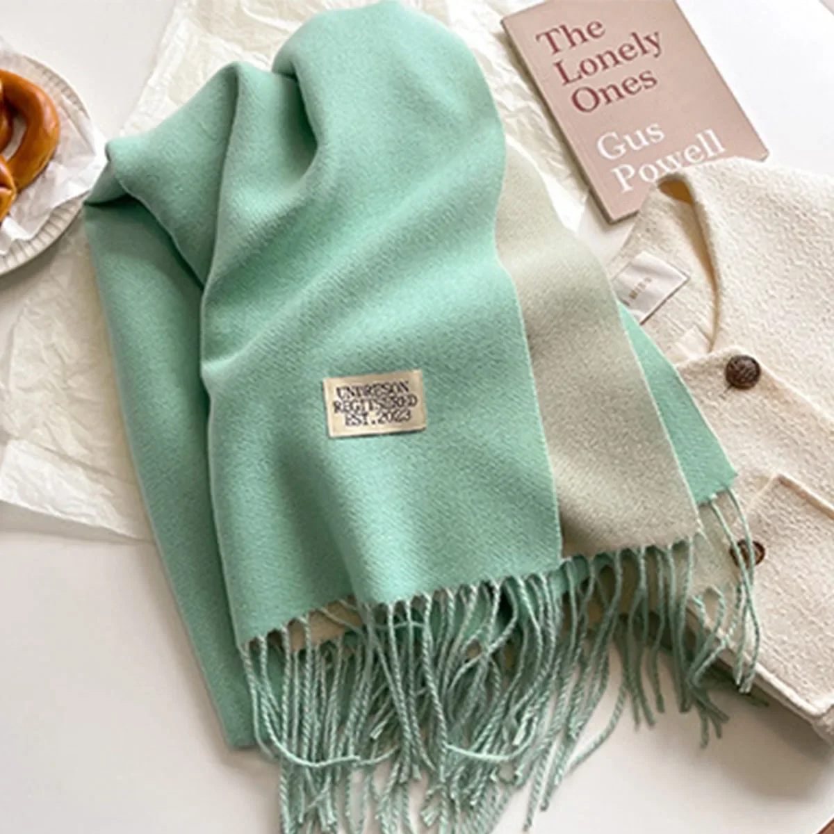 Winter Cashmere Scarf Women Fashion Casual Solid Color Double Side Blue Green Shawl Wraps Blanket Thick Warm Pashmina