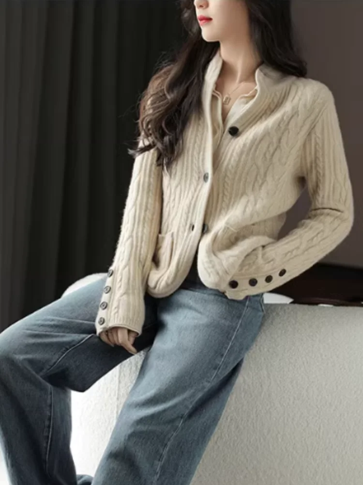 Thick Thread Fried Dough Twists Cardigan For Women In Autumn And Winter, Small Crowd Design, Short Slim Wool Coat