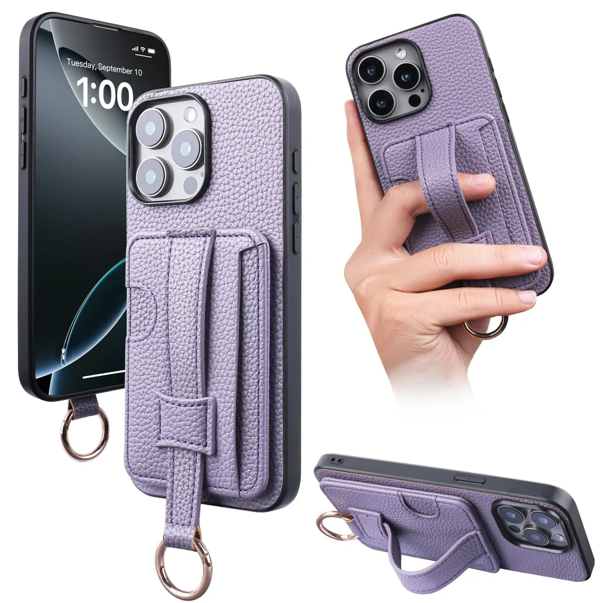 

Высококачественный фиолетовый чехол из ТПУ + искусственной кожи для iPhone 11, 13, 12, 14, 15, 16e Pro Max, модный ремешок на запястье, кольцо, держатель для карт, кошелек, рукав