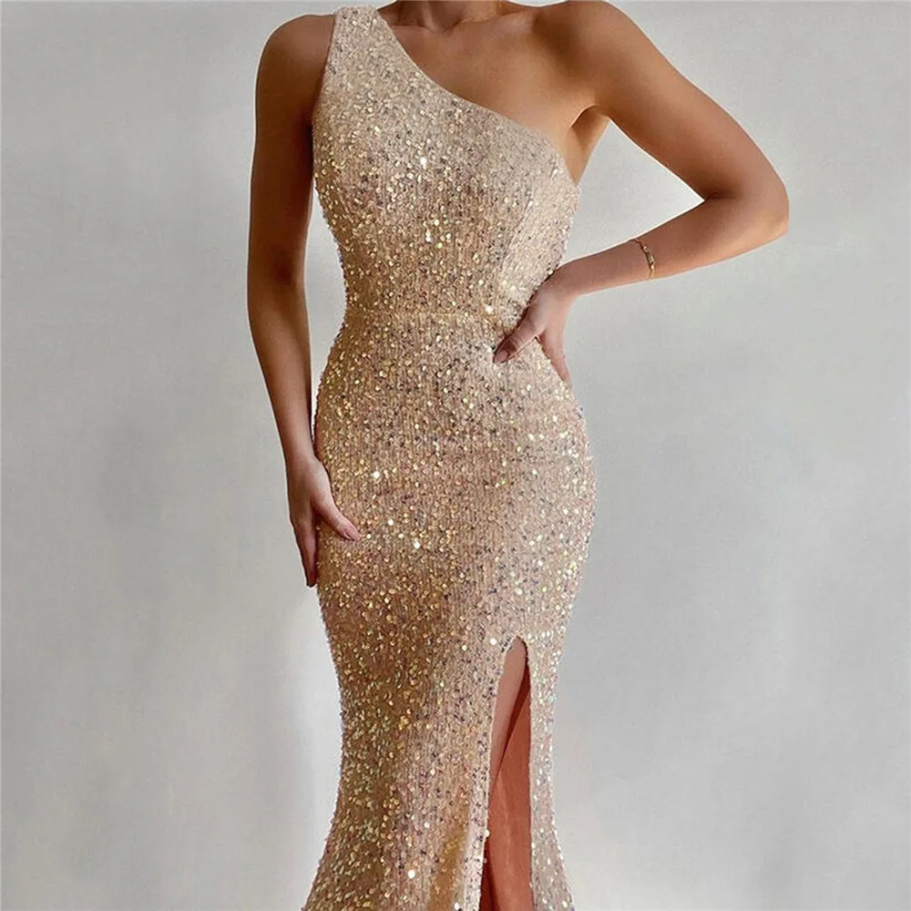Sequin One Shoulder Sleeveless Sexy Slit Prom Dress 2023 Summer Fall Women Elegant Evening Prty Club Clothes